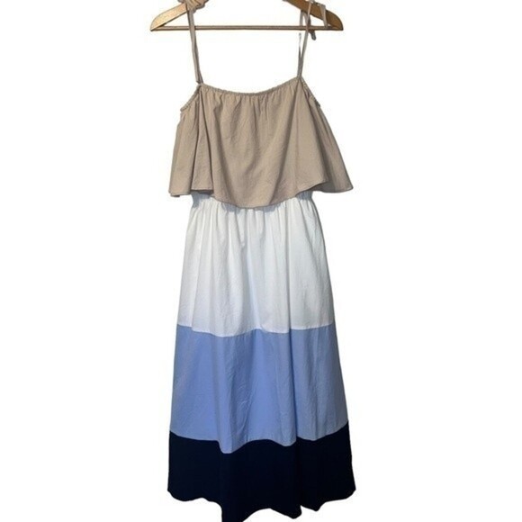 NWT VICI x Destiny Tan Blue White Colorblock Boho Ruffled Tiered Maxi Dress S - Picture 1 of 13